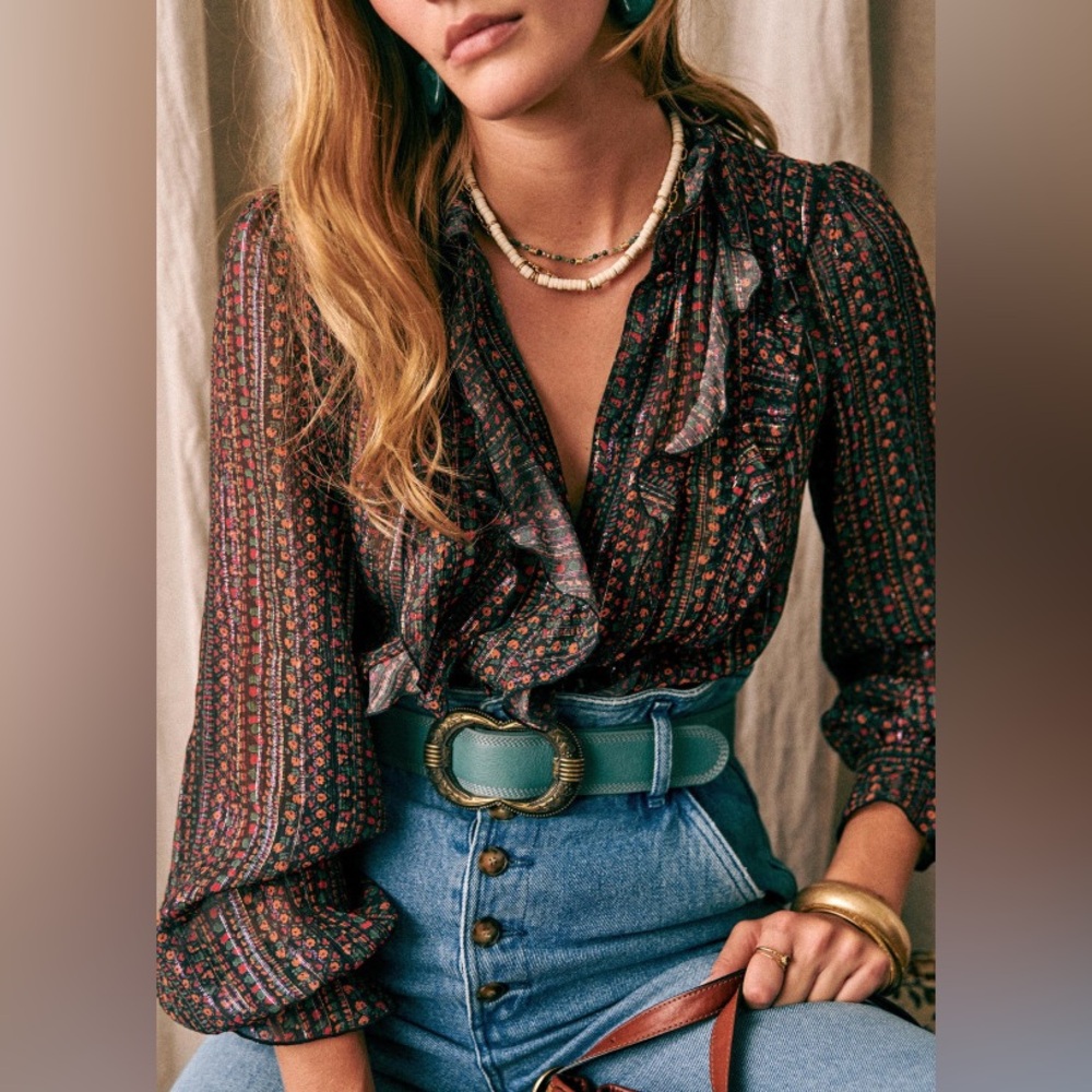 Sezane Navy and Burgundy Floral Ruffle Blouse